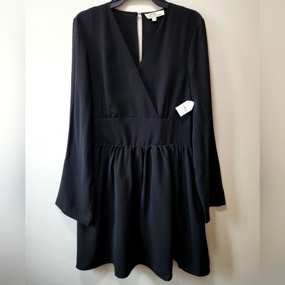 Black Size L Midi A-Line Dress with Waist Band V Neck Zipper Closure- BNWT - Picture 2 of 15